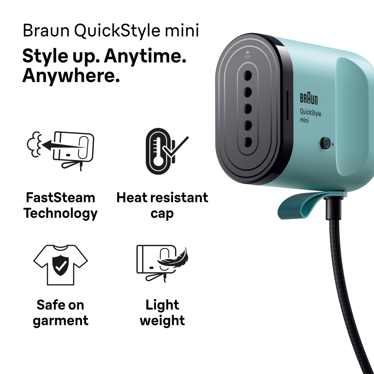 Braun Carestyle Mini Travel Garment Steamer in green with black steam plate and power button visible