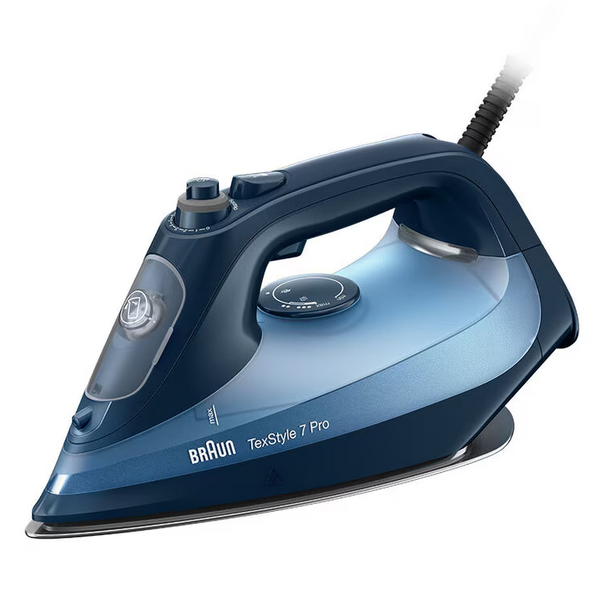 Braun TexStyle 7 Pro SI7160BL steam iron in blue with ergonomic handle and visible steam control dial. Keans Claremorris 