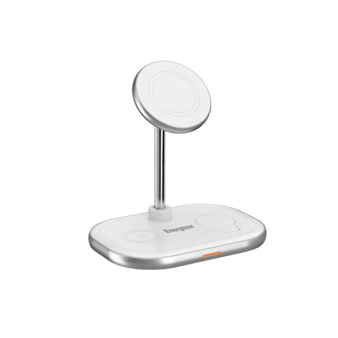 Energizer 3 in 1 wireless charger with stand in white and silver, showing charging pads and upright phone holder.