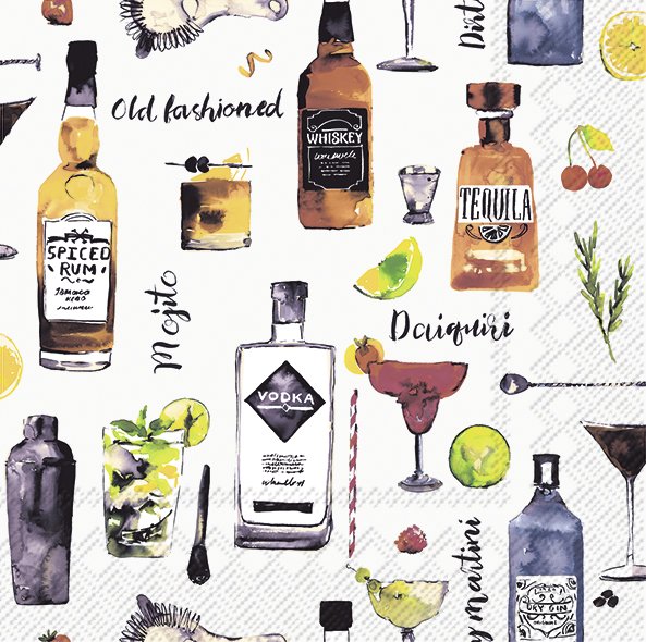 Cream cocktail napkins with masculine cocktail design, 20 pack, eco-friendly, 25x25 cm – Keans Claremorris