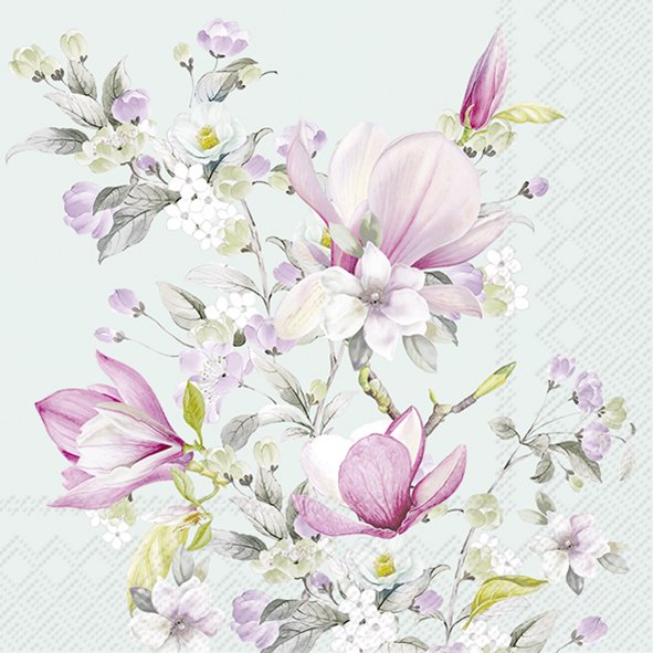Romantic Magnolia light blue cocktail napkins, 20-pack, 25x25 cm, eco-friendly, floral design – Keans Claremorris