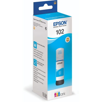 Epson 102 Ecotank cyan ink bottle in white and blue packaging with product details on the side panel.