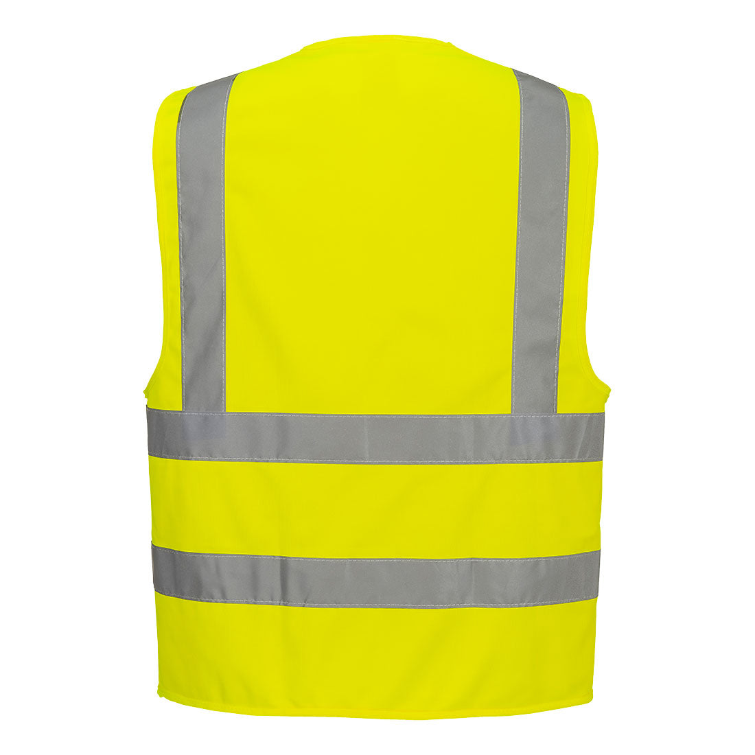 Back view of Portwest Two Band Hi-Viz Vest in yellow with reflective silver bands in size S/M