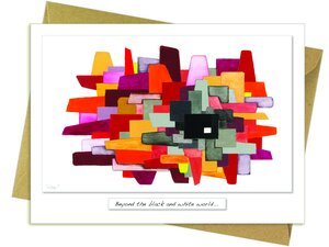 Beyond Black & White card with black, white, grey, and vibrant colors symbolizing love and joy – Keans Claremorris.