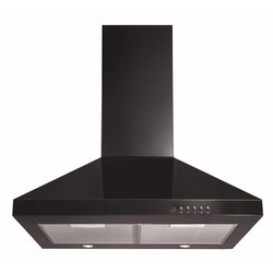 CDA 60cm black chimney cooker hood with 3 speeds, twin fan, LED lights, aluminium filters – available at Keans Claremorris.