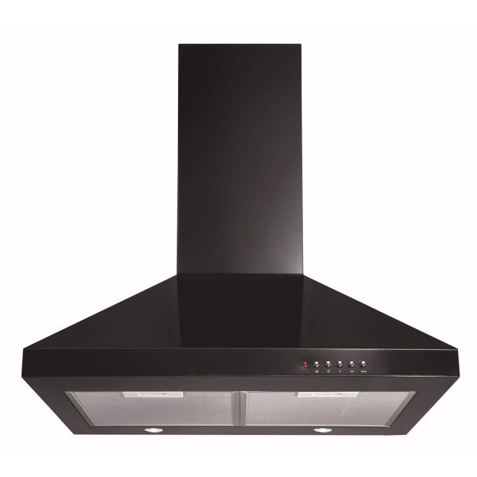 CDA 60cm black chimney cooker hood with 3 speeds, twin fan, LED lights, aluminium filters – available at Keans Claremorris.