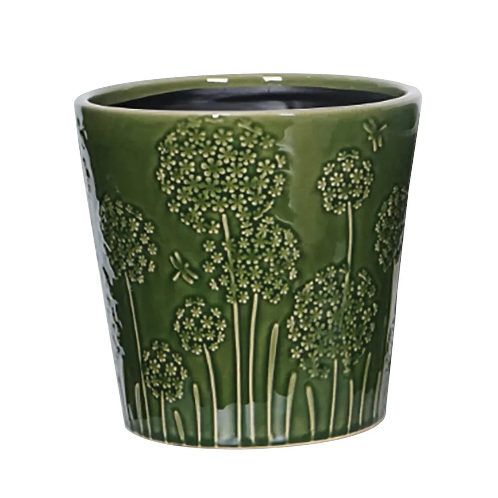 Green ceramic Hortus Lithgow Seed Head Pot with embossed seed head floral texture, 14.5cm diameter.