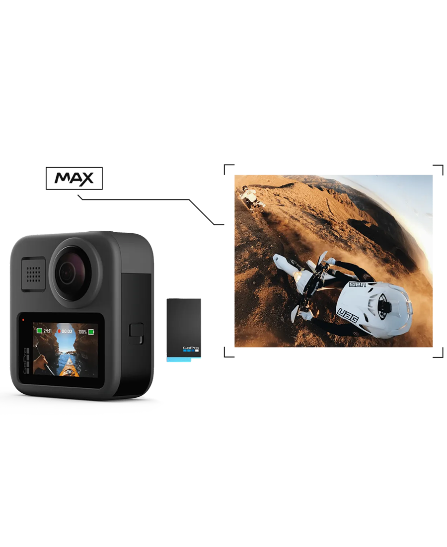 GoPro Hero Max 360 Action Camera with battery and sample 360-degree mountain biking footage on screen.