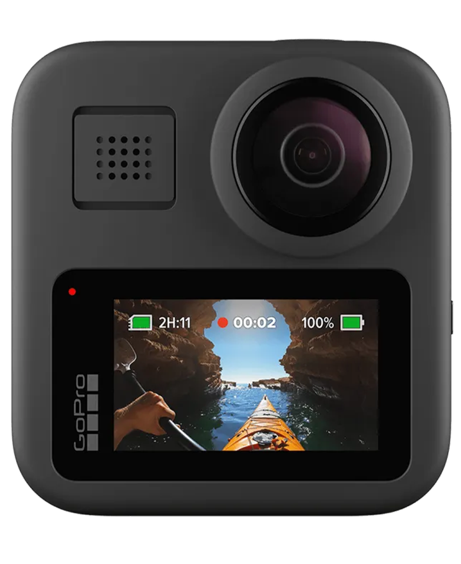 GoPro Hero Max 360 Action Camera front view with lens, speaker, and screen showing kayaking video recording.