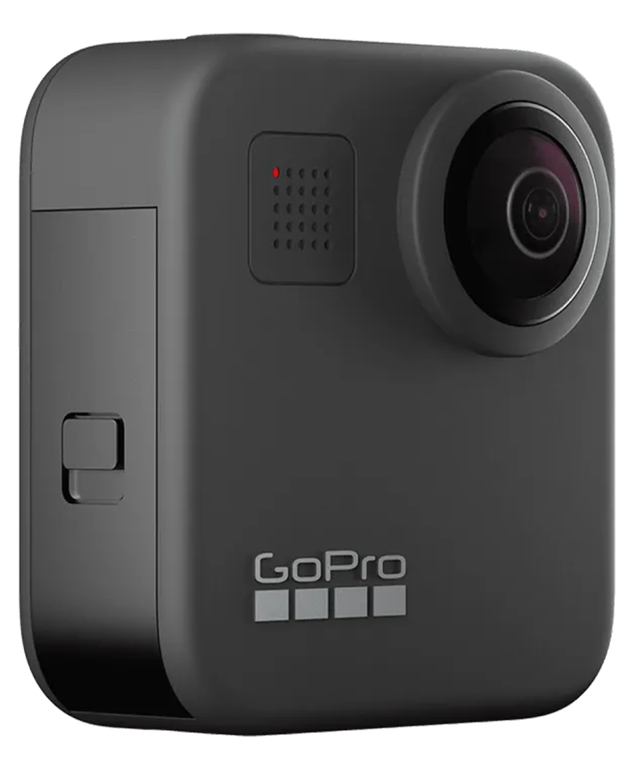 GoPro Hero Max 360 action camera in black, showing front lens and side button.