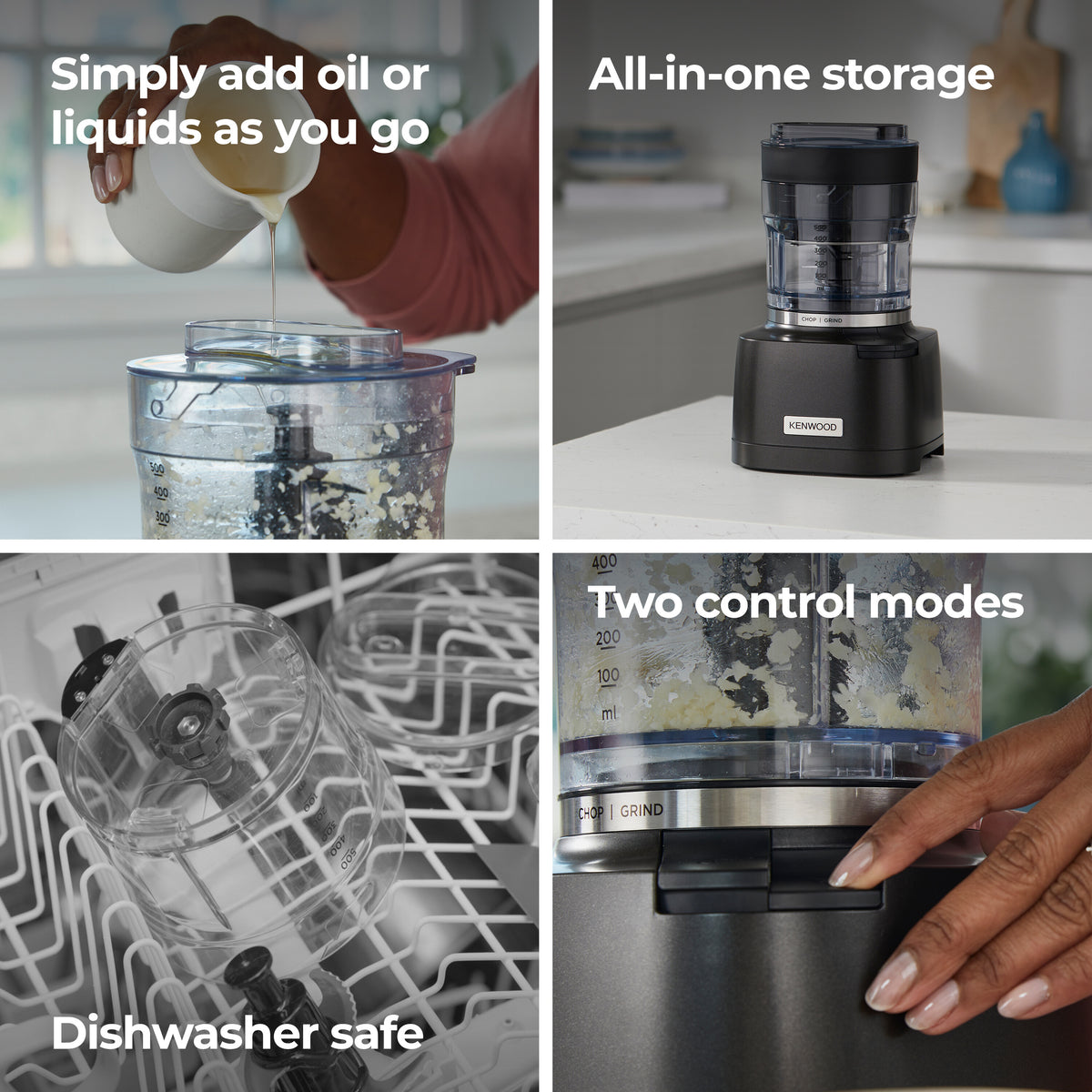 Kenwood Autograph Duo Prep chopper with clear container, black base, and control switch close-up.