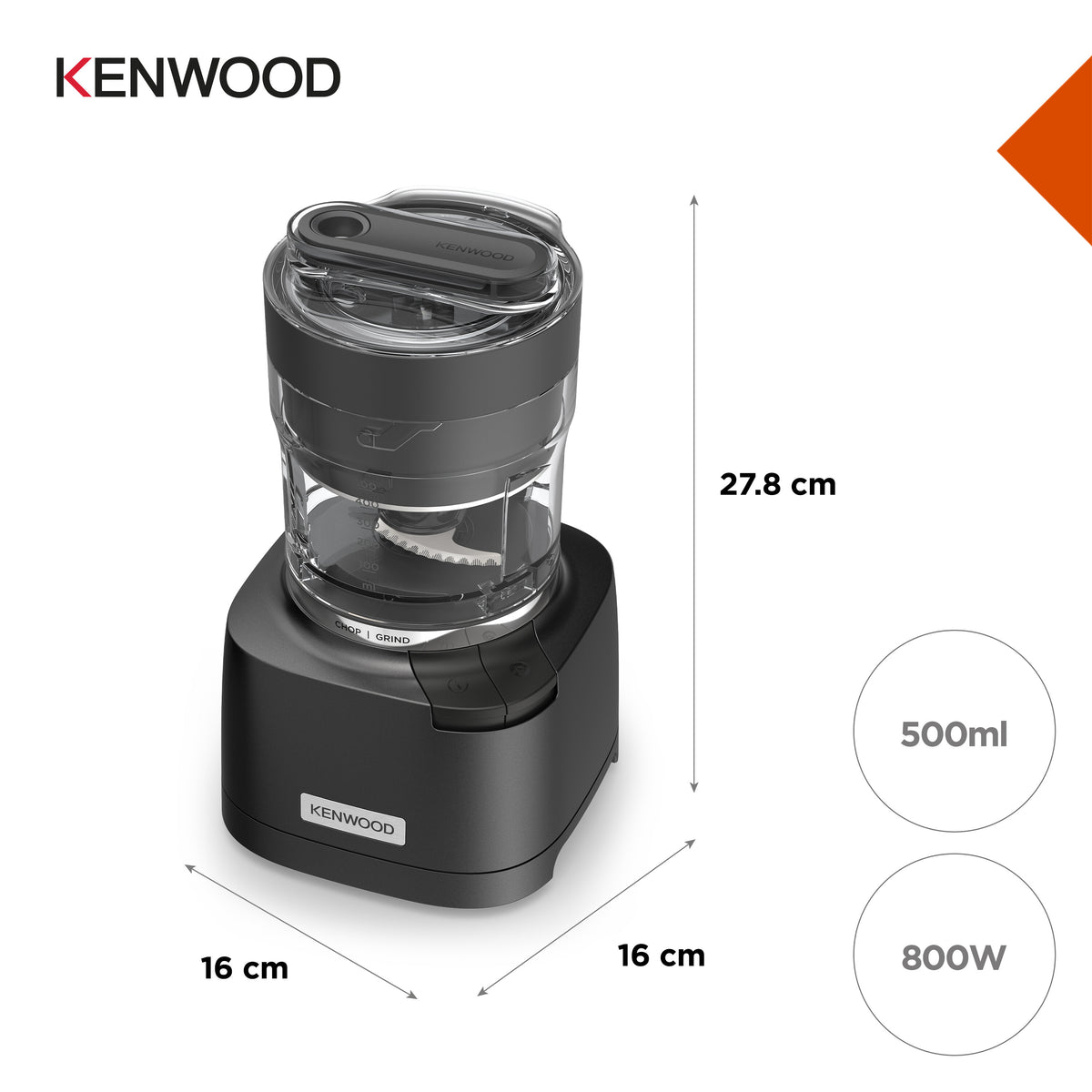 Kenwood Autograph Duo Prep 2-in-1 chopper/grinder in black with clear container and size dimensions shown