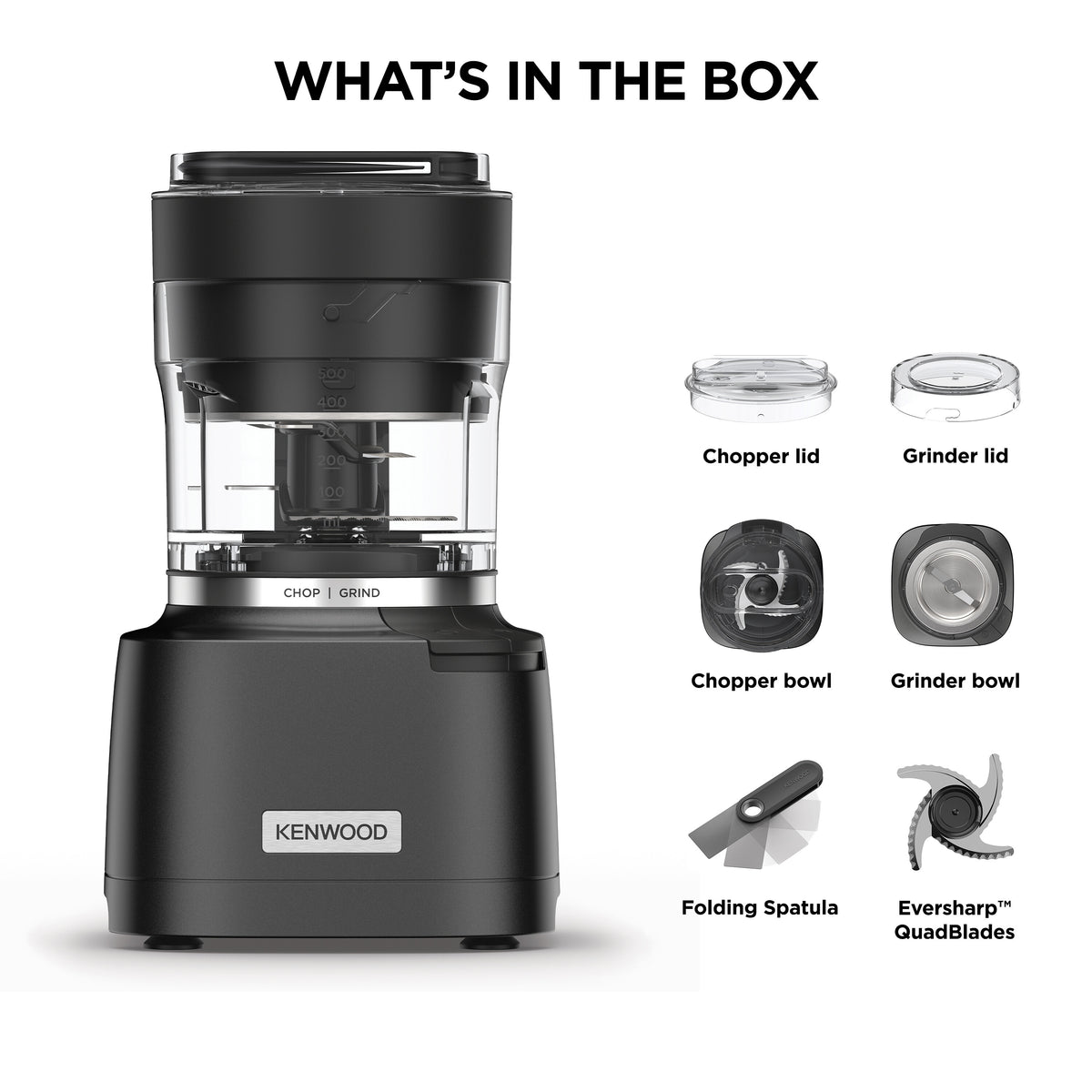 Kenwood Autograph Duo Prep 2-in-1 chopper and grinder with lids, bowls, folding spatula, and quad blades displayed.