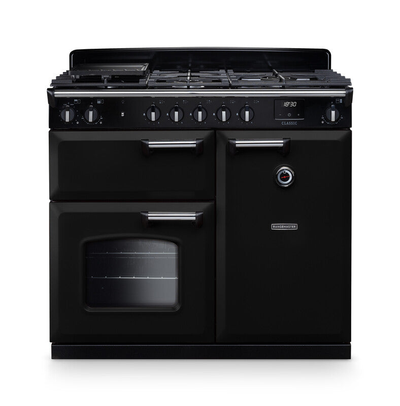 Rangemaster Classic 100cm black dual fuel rangecooker with six control knobs and oven window