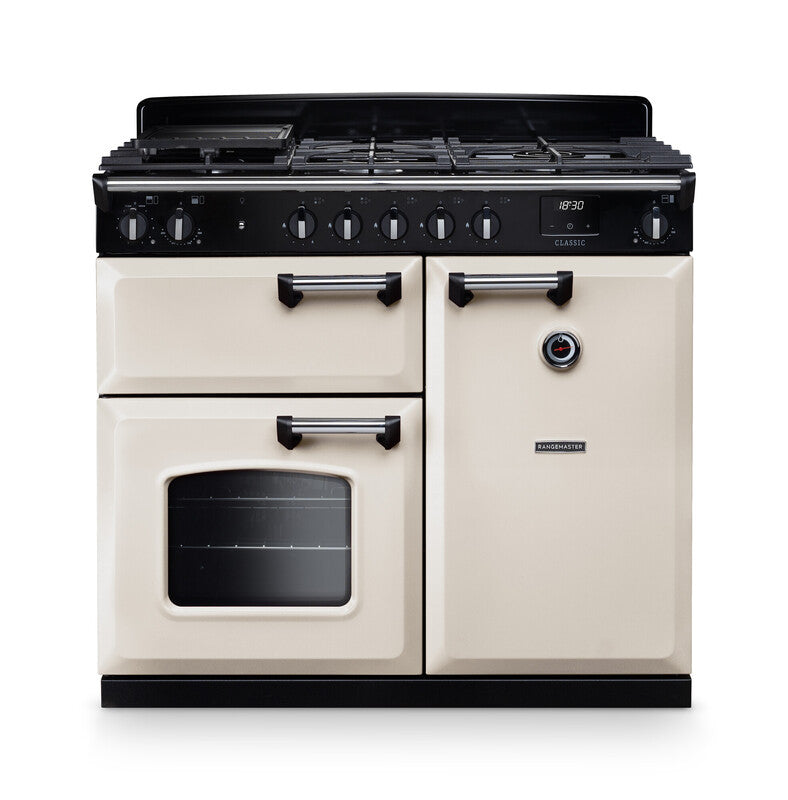 Rangemaster Classic 100cm chrome dual fuel rangecooker with cream doors and black control panel