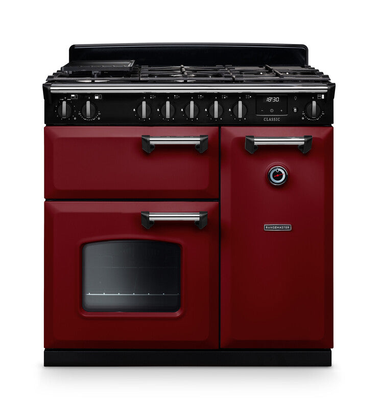 Rangemaster Classic 90cm chrome dual fuel rangecooker in red with six control knobs and three oven doors