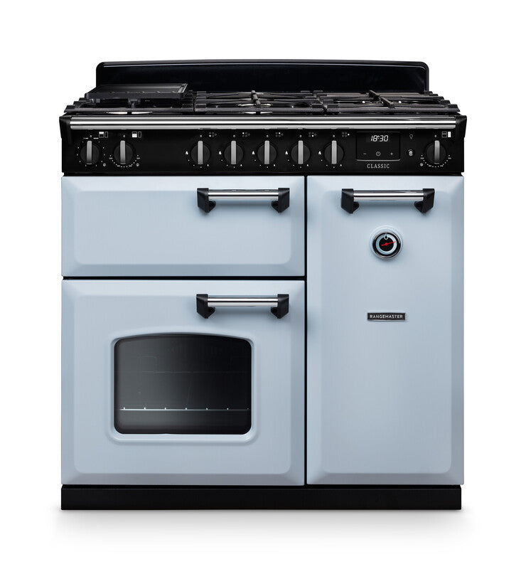 Rangemaster Classic 90cm chrome dual fuel rangecooker with multiple knobs, oven window, and temperature gauge