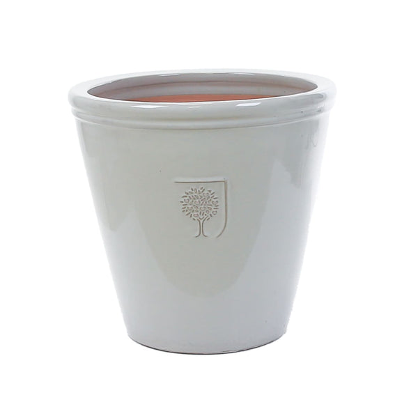 21cm white RHS Classic hand-finished frost-proof planter pot with embossed logo – Keans Claremorris