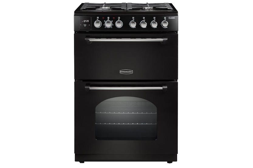Rangemaster Classic 60cm Dual Fuel Cooker in black with 4 gas burners, double oven, griddle, and chrome trim – Keans