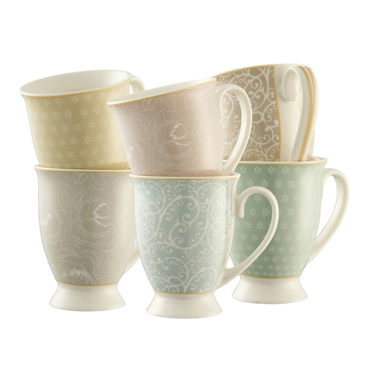 Aynsley Laurette 6-piece fine china mug set with pastel patterns, classic footed shape, gift boxed from Kean’s Claremorris.