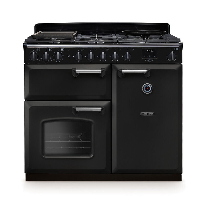 Rangemaster Classic Deluxe 100cm black dual fuel rangecooker with multiple ovens and control knobs