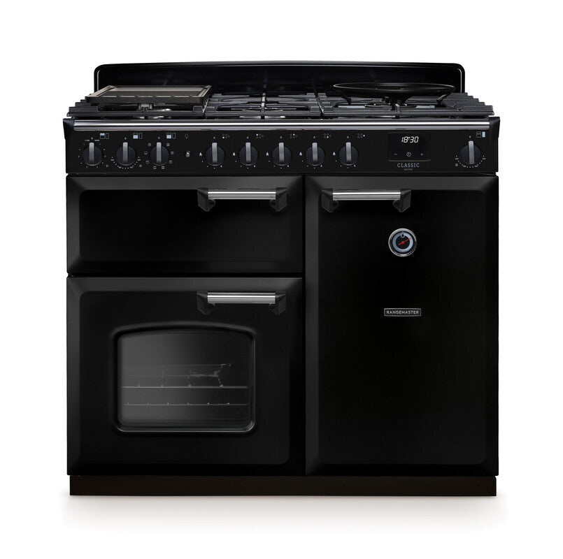Rangemaster Classic Deluxe 100cm black dual fuel rangecooker with five burners and three oven doors, front view.
