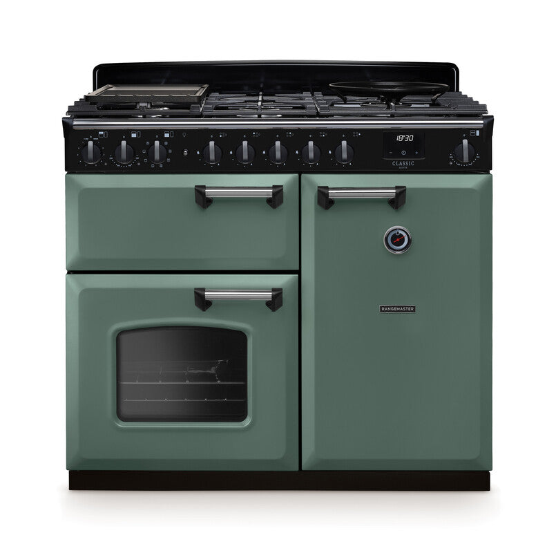 Rangemaster Classic Deluxe 100cm chrome dual fuel rangecooker in green with multiple ovens and burners