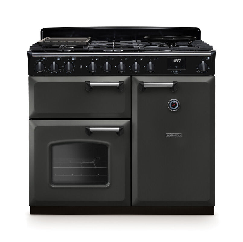 Rangemaster Classic Deluxe 100cm black dual fuel rangecooker with six burners and two ovens visible front view