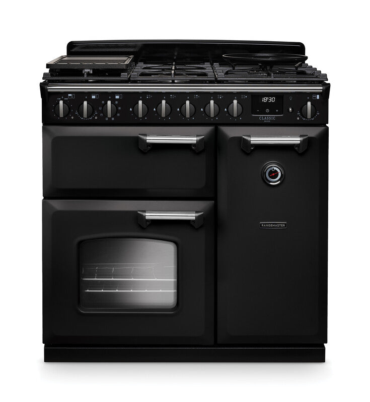 Rangemaster Classic Deluxe 90cm black dual fuel rangecooker with six burners, control knobs, and two ovens.