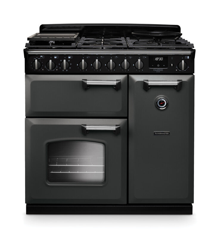 Rangemaster Classic Deluxe 90cm chrome dual fuel rangecooker with six burners and three oven doors.