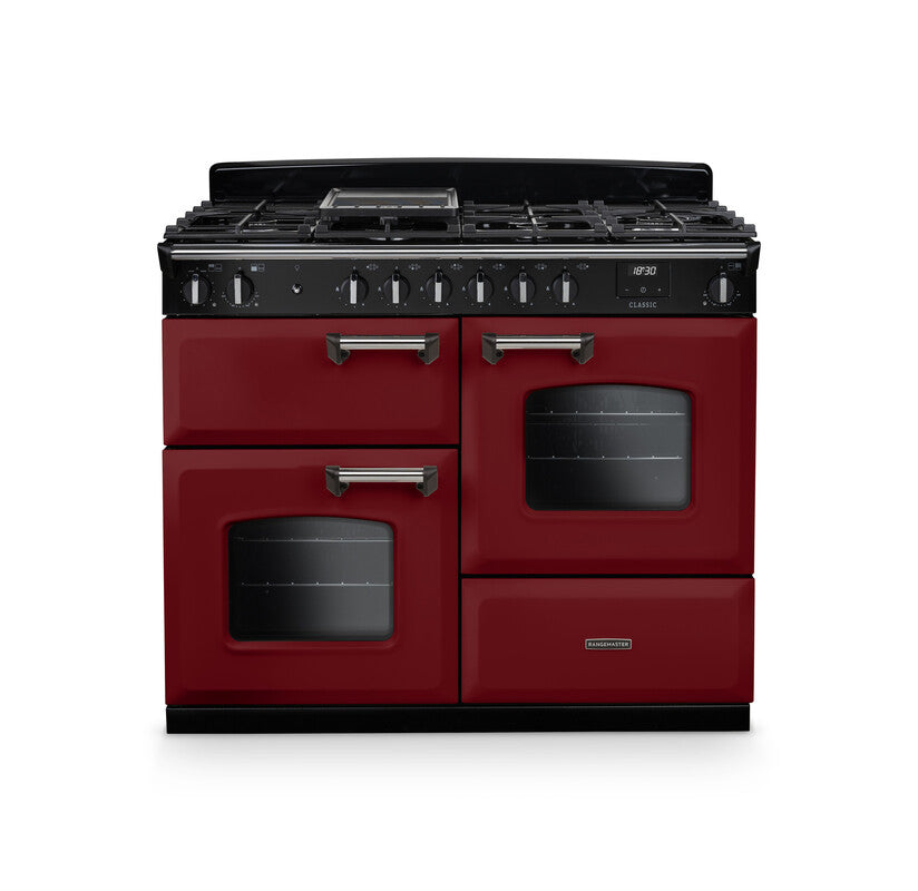 Rangemaster Classic 110cm dual fuel rangecooker in red with chrome handles and black control panel