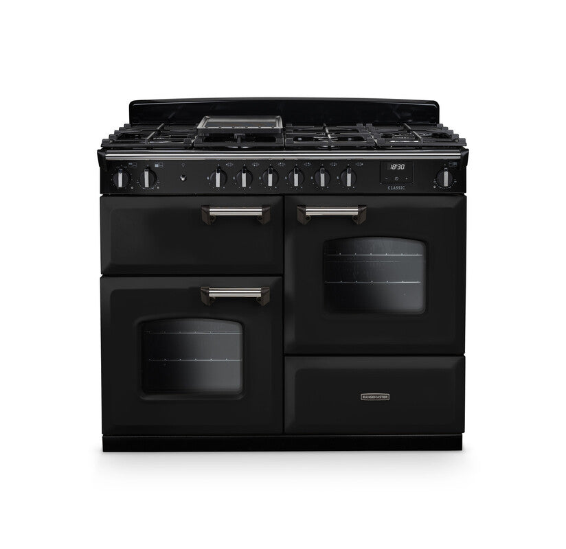 Rangemaster Classic 110cm black dual fuel rangecooker with six burner gas hob and three ovens visible front view