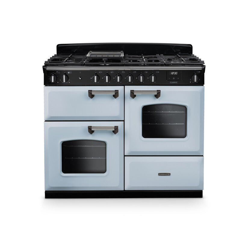 Rangemaster Classic 110cm chrome dual fuel rangecooker with two ovens and six burner gas hob