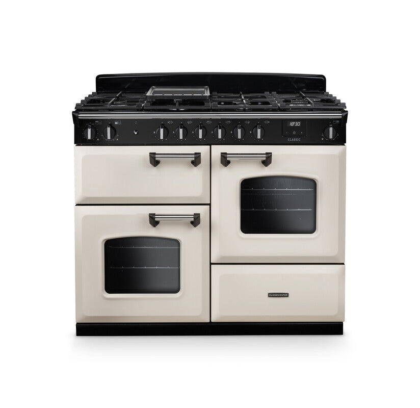 Rangemaster Classic 110cm cream dual fuel rangecooker with six-burner hob and two ovens with windows