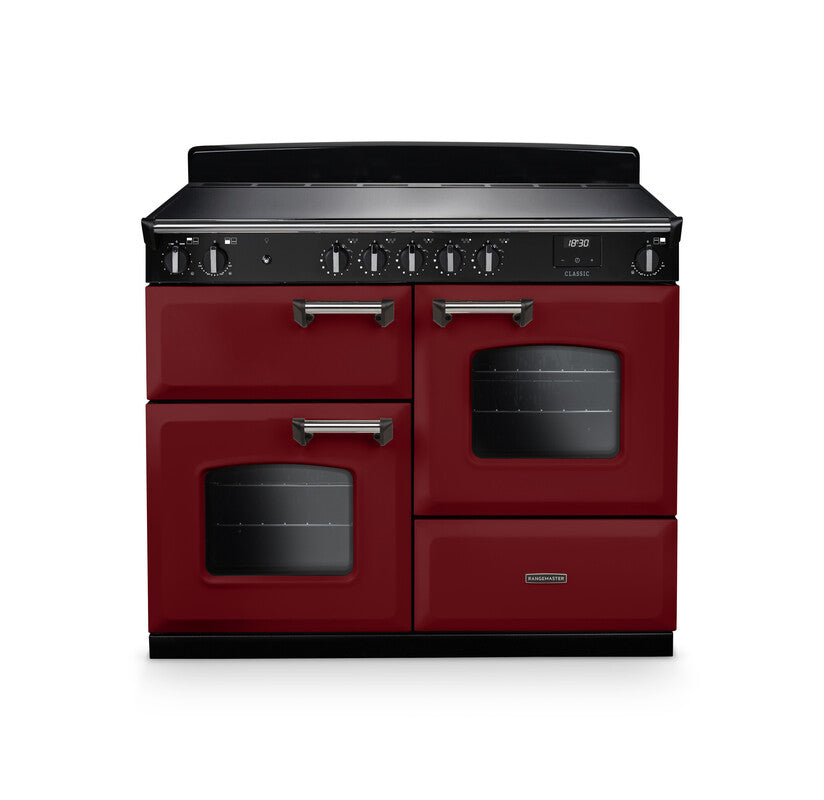 Rangemaster Classic 110cm induction rangecooker in deep red with chrome handles and two oven windows