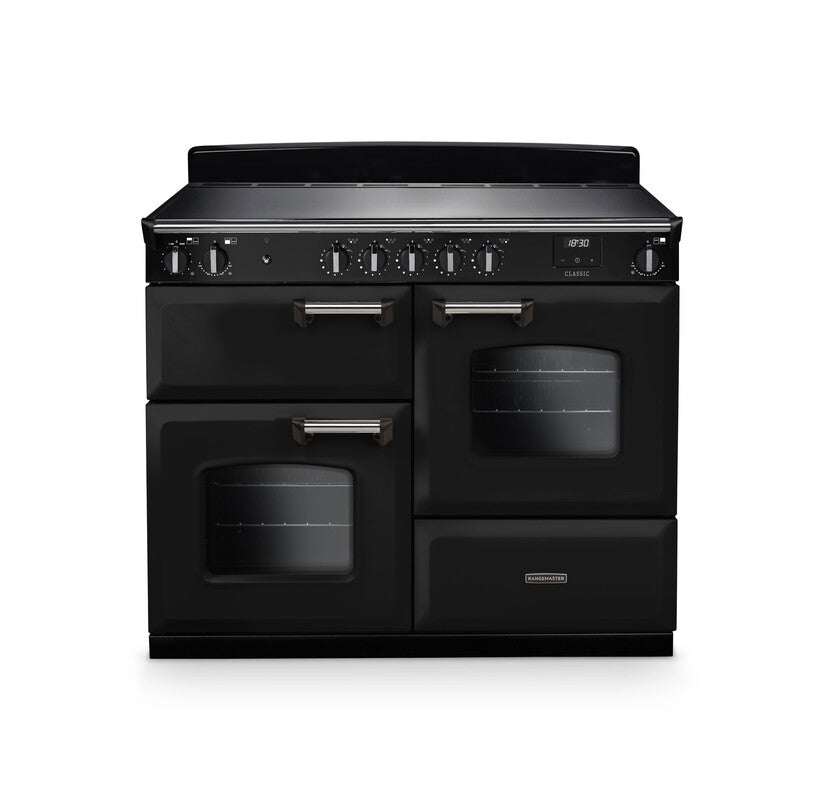 Rangemaster Classic 110cm black induction rangecooker with two ovens, six control knobs, and digital display
