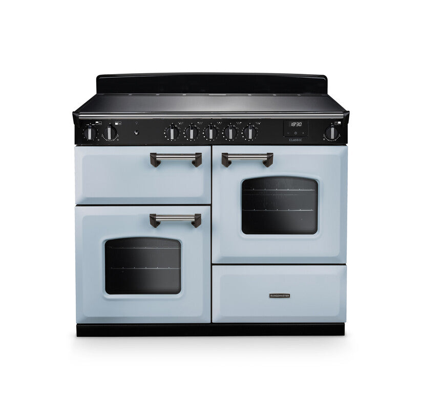 Rangemaster Classic 110cm chrome induction rangecooker with light blue ovens and black control panel