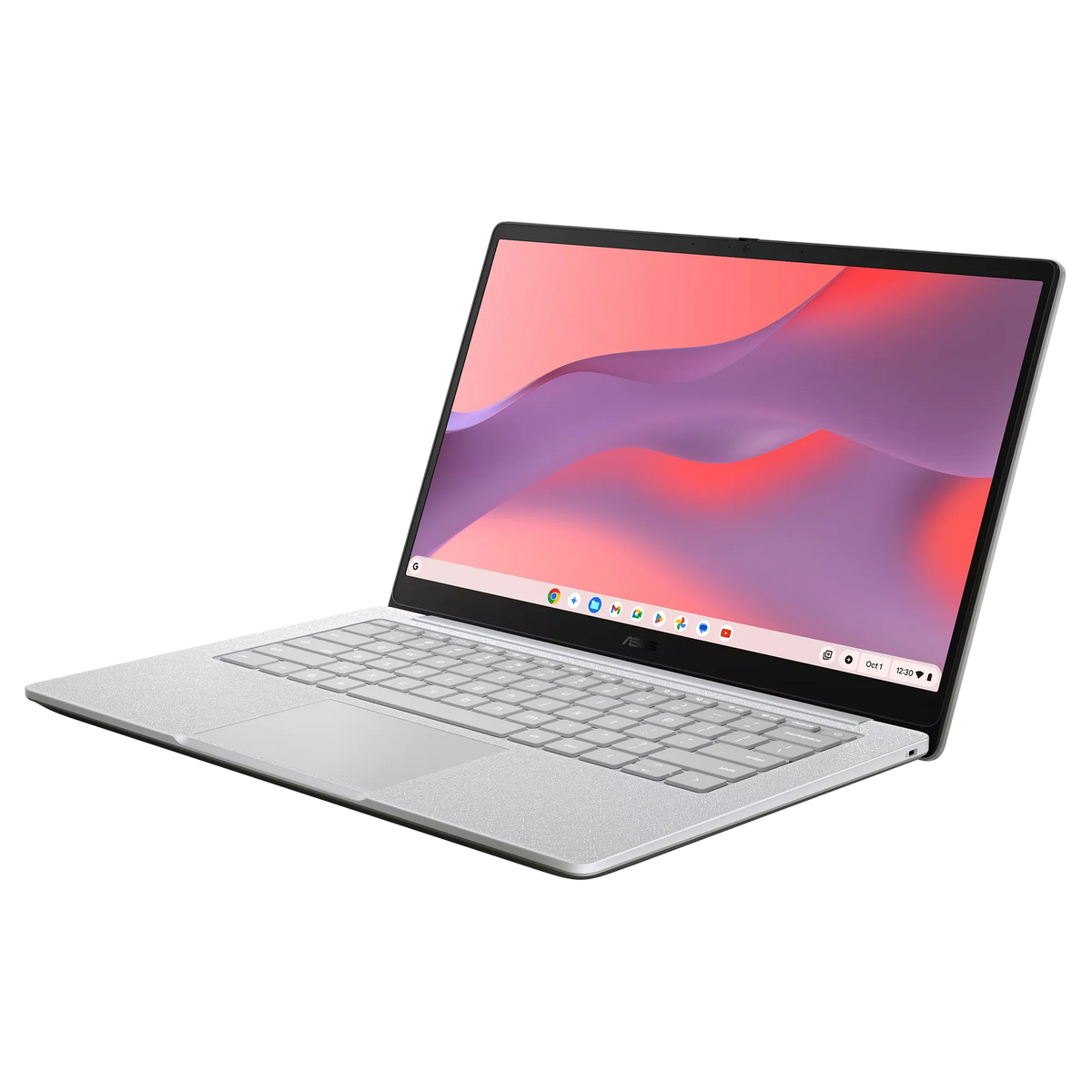 ASUS Chromebook Kompanio 540 in grey, angled view showing keyboard and colorful screen display