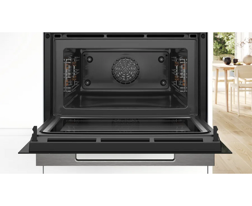 Bosch Series 8 built-in compact oven with microwave in black, sleek design, available at Keans Claremorris.