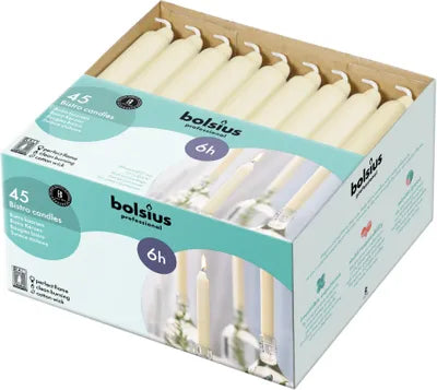 Box of twelve ivory Bolsius Professional Bistro candles, tall and slim, arranged neatly in packaging.
