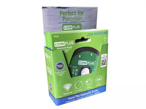 CorePlus Porcelain Diamond Blade 115mm in green and blue packaging, showing blade and product details.