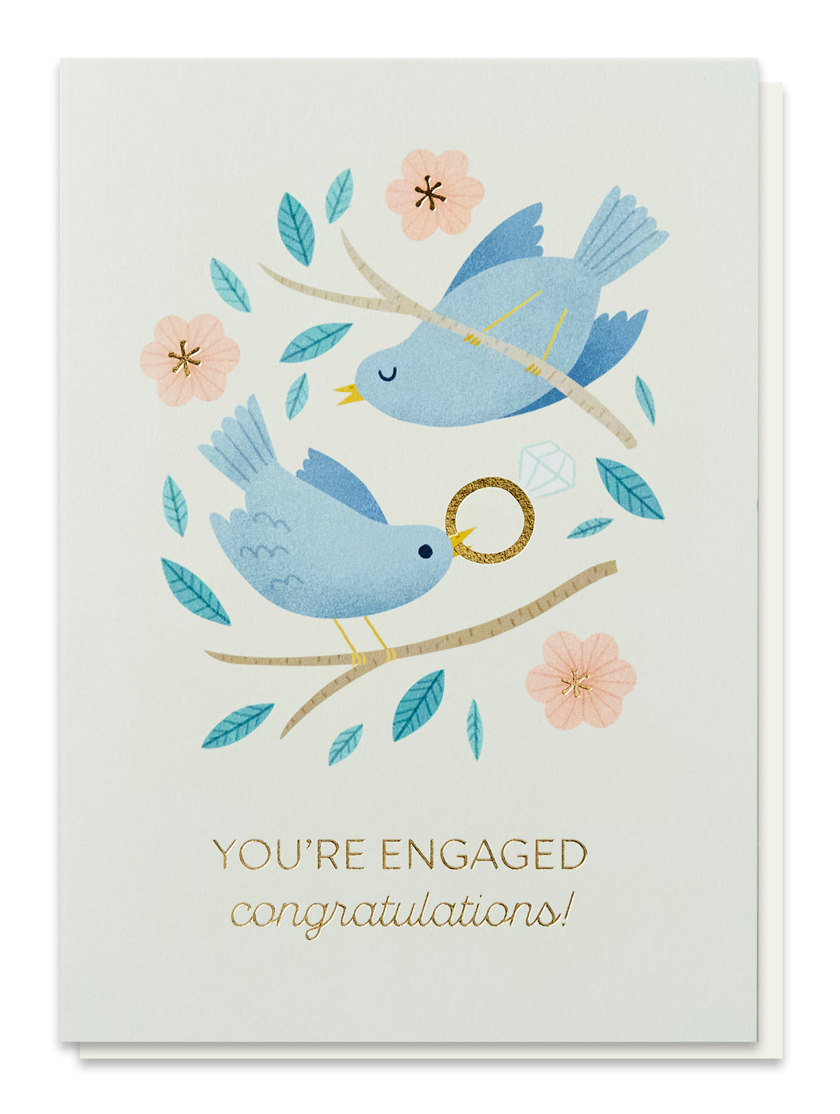Engagement card with two blue birds on branches, one holding a gold foil ring, surrounded by flowers and leaves.
