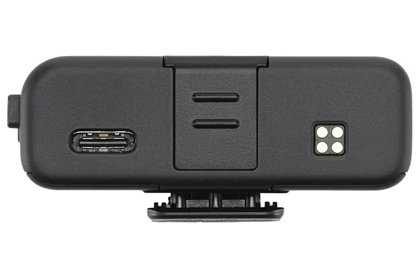 Dji Mic 3 Receiver showing top view with USB-C port, clip, and four-pin connector.