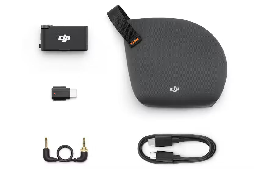 Dji Mic 3 Receiver with carrying case, USB-C adapter, 3.5mm audio cable, and USB-C charging cable on white background