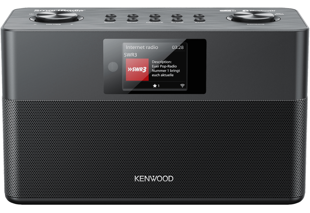 Kenwood Black Wifi FM Dab Radio showing front view with digital display and control buttons on top