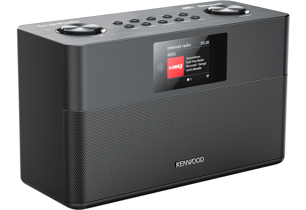 Kenwood Black Wifi FM Dab Radio showing left side with screen displaying Internet radio station SWR3