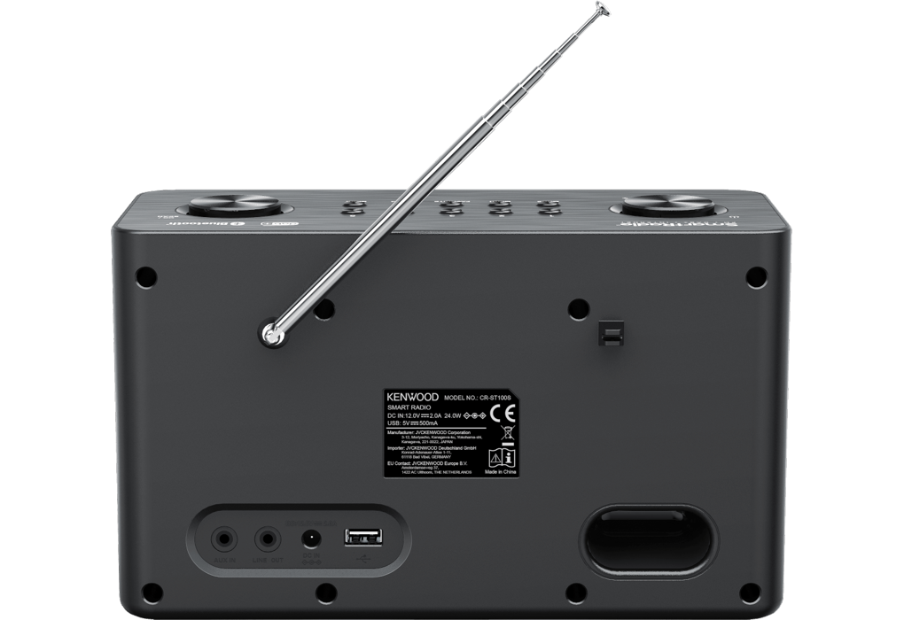 Rear view of Kenwood Black Wifi FM Dab Radio showing antenna, USB port, aux in, line out, and power input ports.