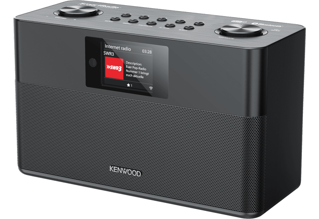 Kenwood black WiFi FM DAB radio angled view showing front speaker grille and color display screen