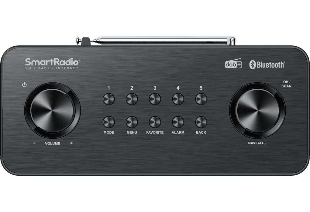 Top view of Kenwood Black Wifi FM Dab Radio showing volume and navigation knobs, preset buttons, and antenna.