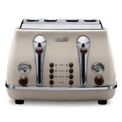 Delonghi Vintage Icona 4 Slice Toaster beige with variable width slots, reheat, defrost, bagel settings – Keans Claremorris